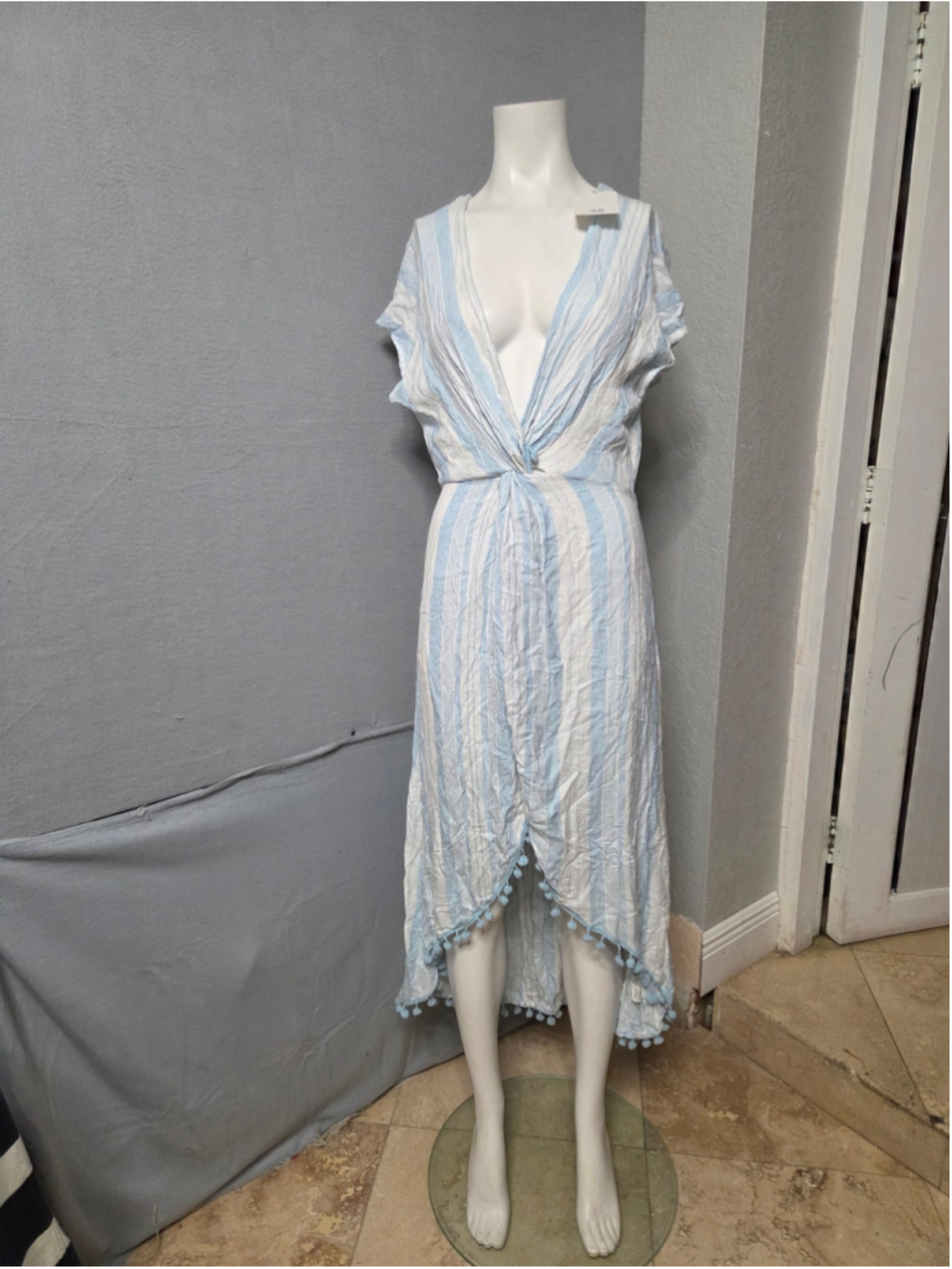 Women's Spiaggia Dolce Swim Coverup XS White Blue Striped Pom Pom p2p 18 in